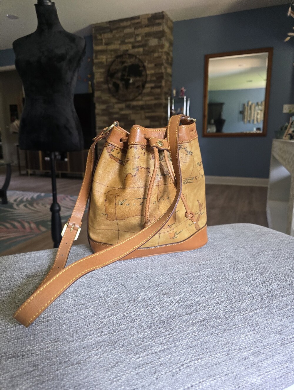 Authentic Alviero Martini Classic Tan Map-Print Bucket Bag